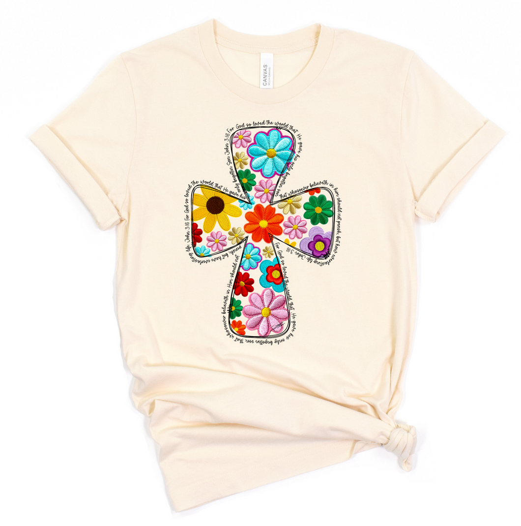 For God So Loved the World Cross Faux Embroidered Flowers T-shirt