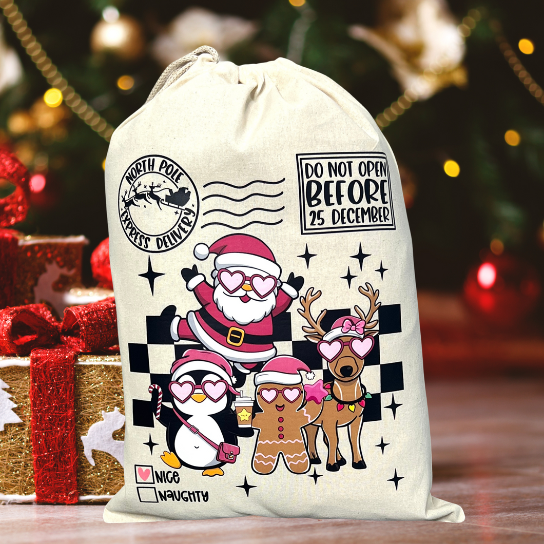 Pink Santa and Friends Sack Reusable Drawstring Gift Bag