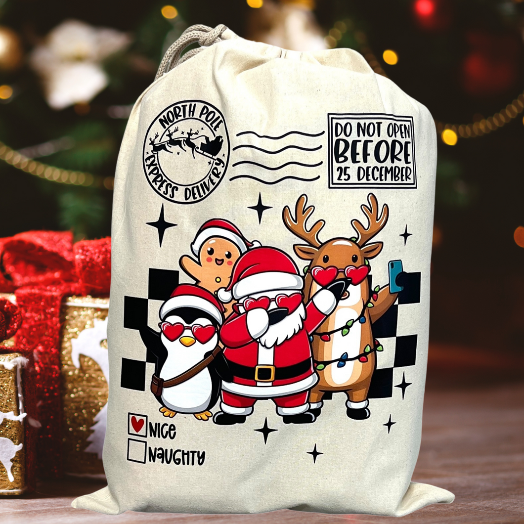 Red Santa and Friends Sack Reusable Drawstring Gift Bag