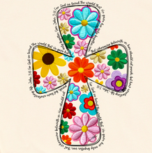 Load image into Gallery viewer, For God So Loved the World Cross Faux Embroidered Flowers T-shirt
